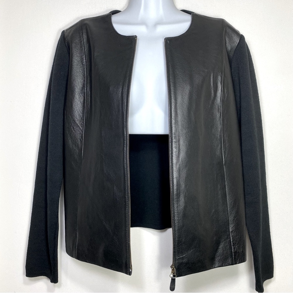Charter Club Black Genuine Leather Ribbed Knit Cotton Blend Zip Up Jackets, SP